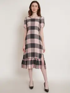 BAESD Checked Round Neck Short Puff Sleeves A-Line Midi Dress