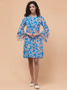 BAESD Floral Print Georgette Round Neck Bell Sleeve Fit & Flare Casual Dress