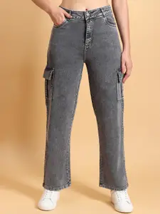 LIVE OK Women Boyfriend Fit High-Rise Heavy Fade Cotton Cargo Jeans