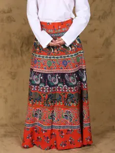 Exotic India Paisleys & Elephants Printed Cotton Wrap-On Pilkhuwa Long-Skirt