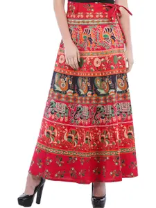Exotic India Paisleys & Elephants Printed Cotton Wrap-On Pilkhuwa Long-Skirt
