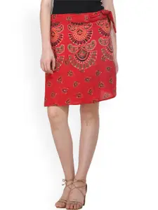 Exotic India Scarlet Wrap-Around Printed Pure Cotton Sanganeri Short-Skirt