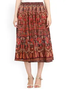 Exotic India Ethnic Motifs Printed Pure Cotton A-Line Midi Skirt