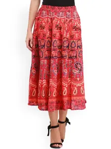 Exotic India Floral Printed Pure Cotton Flared Midi Skirt