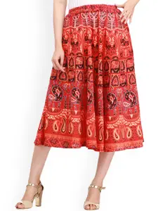 Exotic India Ethnic Motifs Printed Pure Cotton A-Line Sanganeri Midi Skirt