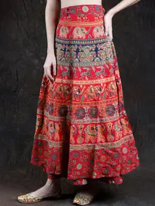 Exotic India Printed Pure Cotton Wrap Maxi Skirts