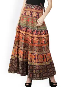 Exotic India Ethnic Motifs Printed Pure Cotton Wrap Amaranth Maxi Skirt