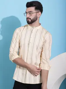 Anouk Yellow Striped Band Collar Pure Cotton Straight Short Kurta