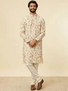 Manyavar Floral Printed Mandarin Collar Straight Linen Kurta