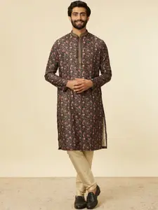 Manyavar Floral Printed Mandarin Collar Straight Kurta with Pyjamas