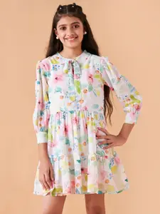 Cherry & Jerry Girls Floral Print Tie-Up Neck Puff Sleeve Fit & Flare Dress