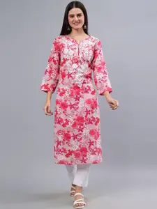 Seva Chikan Floral Printed Flared Sleeves V-Neck Kurta