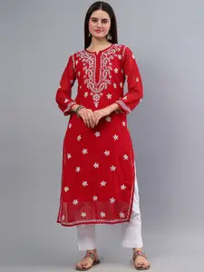 Seva Chikan Ethnic Motifs Embroidered Chikankari Georgette Straight Kurta With Slip