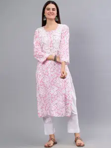 Seva Chikan Floral Printed Chikankari Straight Kurta