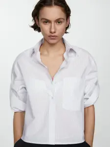 MANGO Pure Cotton Semi Sheer Striped Casual Shirt