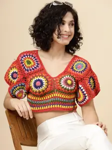 Velvery Floral Print Puff Sleeve Cotton Crochet Styled Back Crop Top