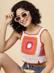 Velvery Shoulder Straps Sleeveless Floral Print Cotton Crochet Crop Top