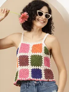 Velvery Self Design Shoulder Straps Cotton Crochet Crop Top