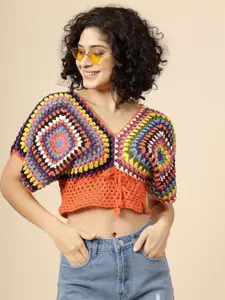 Velvery Geometric Print Extended Sleeves Cotton Crochet Crop Top