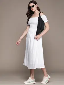 Roadster Off-Shoulder Puff Sleeves Fit & Flare Midi Dress