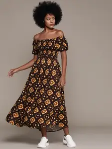 Roadster Tie & Dye Print Off-Shoulder Puff Sleeves Fit & Flare Maxi Dress