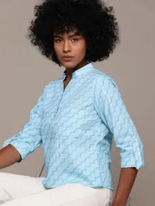 Roadster Print Mandarin Collar Roll-Up Sleeves Cotton Shirt Style Crop Top