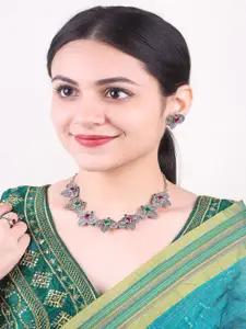 GRIIHAM Silver-Plated American Diamond Studded Oxidised Necklace & Earrings