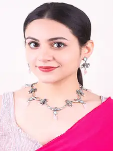 GRIIHAM Gold-Plated American Diamond Studded & Beaded Necklace & Earrings