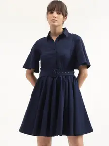 United Colors of Benetton Shirt Collar Belted Cotton Fit & Flare Dress