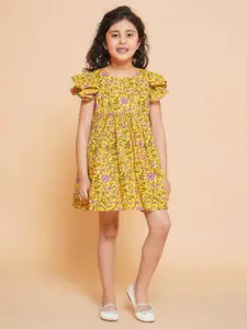 Little Bansi Girls Floral Printed Flutter Sleeve Fit & Flare Dress