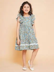 Little Bansi Girls Floral Printed Flutter Sleeve Fit & Flare Ruffled Dress