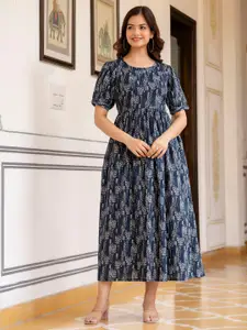 Nayo Abstract Printed Round Neck A-Line Maxi Dress