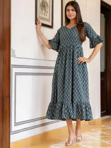 Nayo V-Neck Print Cotton Bell Sleeve A-Line Midi Dress