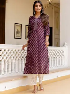 Nayo Floral Printed V-Neck Cotton Straight Kurta