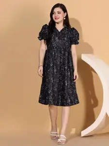 FASHION DREAM Abstract Printed Puff Sleeves A-Line Dress