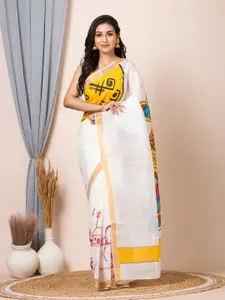 Laa Calcutta Geometric Printed Zari Pure Cotton Saree