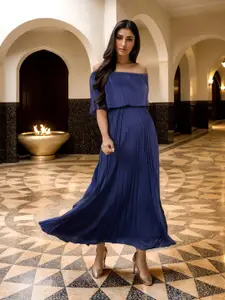 Styli Navy Blue Striped Off Shoulder A-Line Maxi Dress