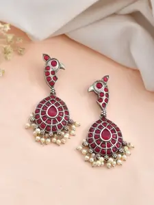 DASTOOR Silver-Plated Oxidised Peacock Shaped Drop Earrings