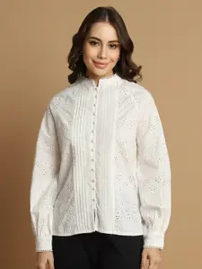 Allen Solly Woman Micro Ditsy Printed Mandarin Collar Cotton Curved Casual Shirt