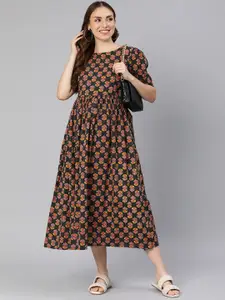 Swishchick Floral Printed Gathered Cotton Maternity Fit & Flare Midi Dress