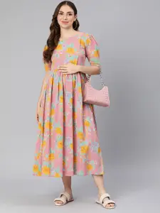 Swishchick Floral Printed Puff Sleeves Gathered Cotton Maternity Fit & Flare Midi Dress