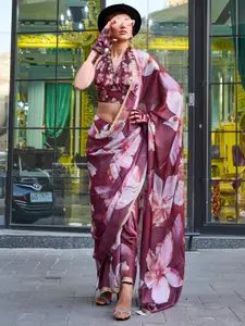 Mitera Brown Floral Printed Satin Bagru Saree