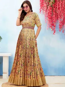 ODD BY chansi TRENDZ Floral Printed Fit & Flare Silk Ethnic Dresses & Belt