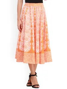 Exotic India Printed Pure Cotton A-Line Midi Skirt