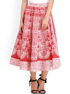 Exotic India Ethnic Motifs Block Printed Pure Cotton A-Line Pilkhuwa Midi Skirt