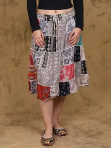 Exotic India Women Patch Work and Dori Midi-Skirt