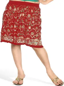 Exotic India Embroidered Sequins Scarlet Midi-Skirt