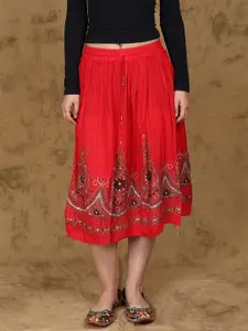 Exotic India Printed Flowers Embellished With Sequins Midi Skirt