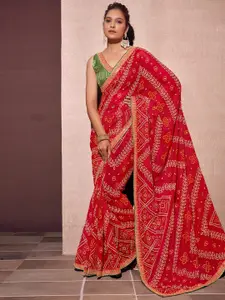 Satrani Printed Sequinned Pure Georgette Bandhani Saree