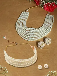 AMI Gold-Plated Set of 2 Multi-stranded Pearls Beaded Choker Necklace & Earring Sets